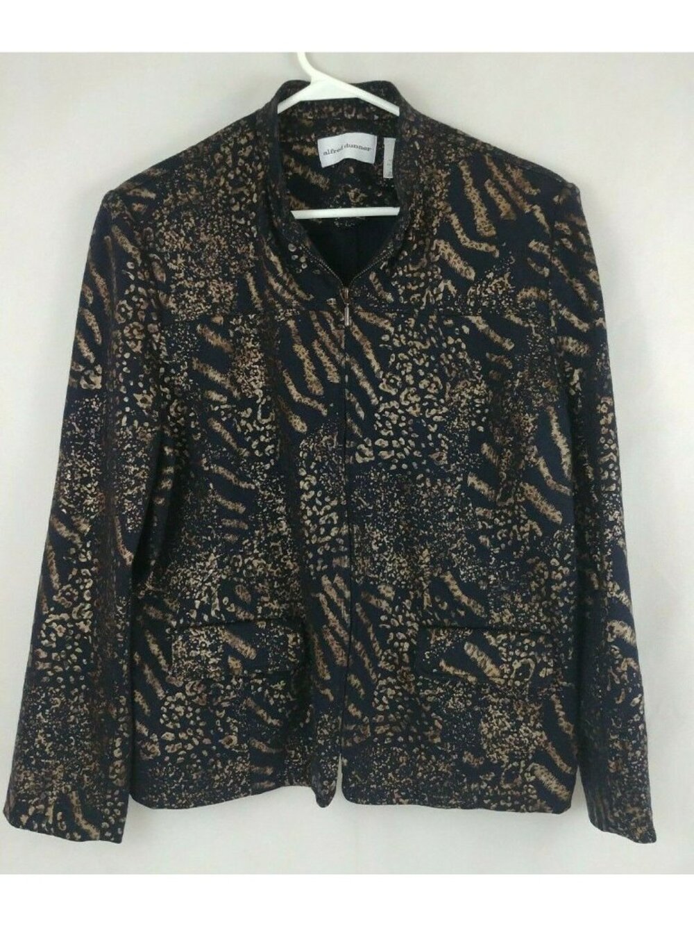 Alfred Dunner Zip Up Blazer Jacket Black With Metalic Gold Animal Design Size 16